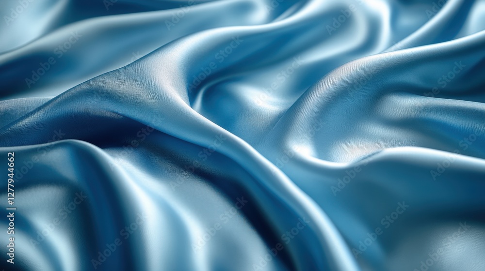 Captivating close up of flowing sky blue satin fabric creating soft waves and elegant folds for luxurious texture and background
