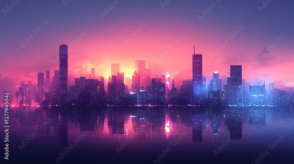 Fototapeta premium Stunning city skyline at sunset reflections.