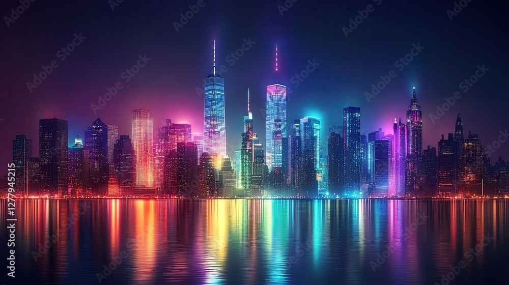 Fototapeta premium Vibrant city skyline at night with reflections.