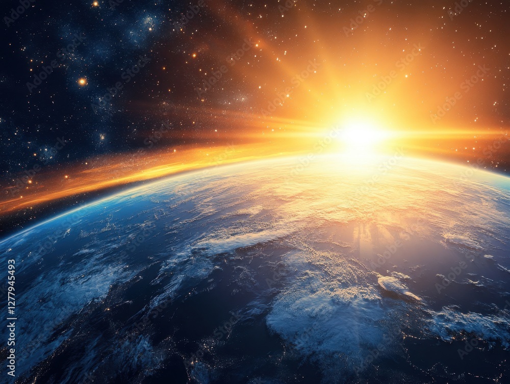 Spectacular sunrise over Earth seen from space with vibrant colors and shining stars in the background creating a peaceful mood Spectacular sunrise over Earth seen from space with vibrant colors and shining stars in the background creating a peaceful mood