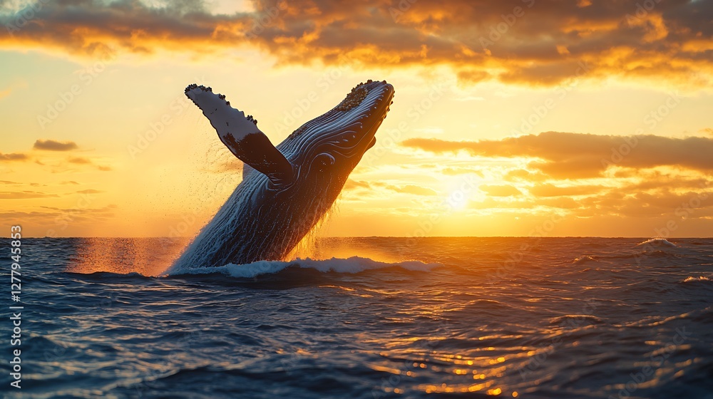 Fototapeta premium Humpback Whale Breaching at Sunset with Dramatic Sky and Ocean Waves