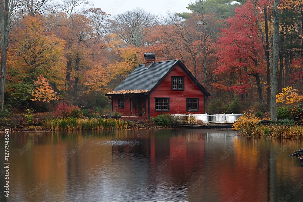 Tranquil autumn scene featuring a red house by a serene pond surrounded by colorful foliage Tranquil autumn scene featuring a red house by a serene pond surrounded by colorful foliage