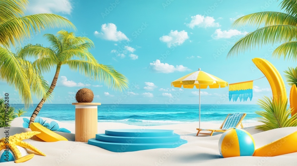 Obraz premium Tropical beach summer scene with podium