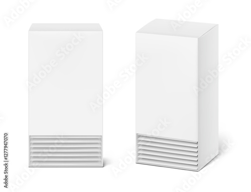Realistic paperboard box with sachet mockup.  Front and half side views. Vector illustration isolated on white background. Ready for your design. EPS10.