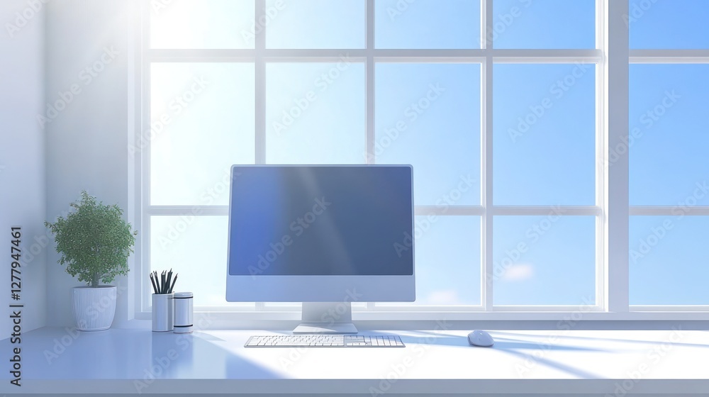 Fototapeta premium Bright minimalist workspace with computer plant and large window view