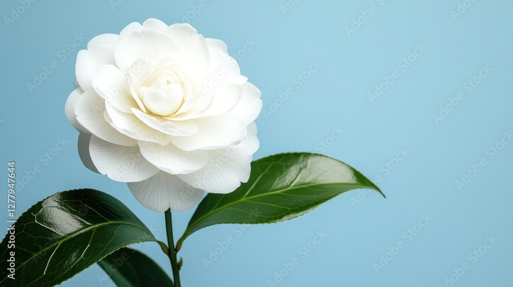 Fototapeta premium Elegant white camellia blossom stands against a pastel blue backdrop