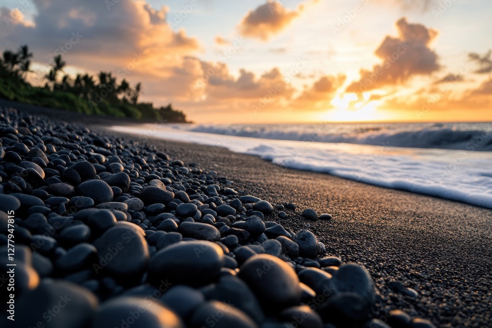Fototapeta premium Closeup of Black Sand Beach at Dramatic Sunset, Bali â€“ A Coastal Paradise with Pebbles and Striking Cloudscape