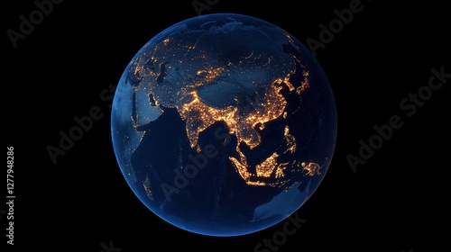 Nighttime view of earth with asia continent glowing brightly