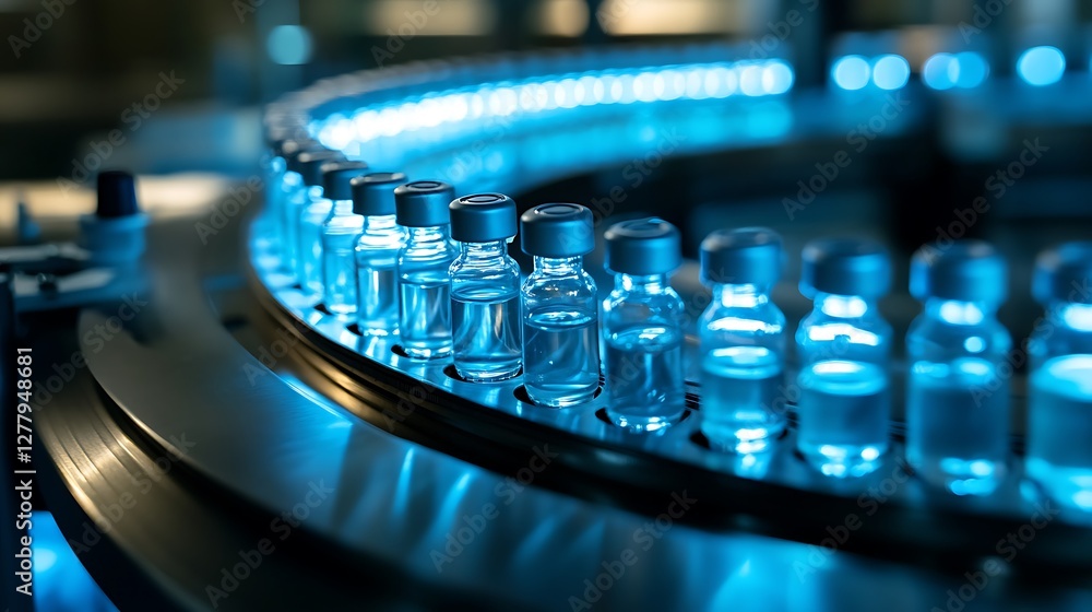 Pharmaceutical Production: Vaccine Vials on Conveyor Belt Pharmaceutical Production: Vaccine Vials on Conveyor Belt
