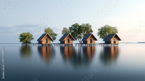 A row of simple wooden huts float on calm waters in Parepare, Indonesia. The huts are surrounded by trees.