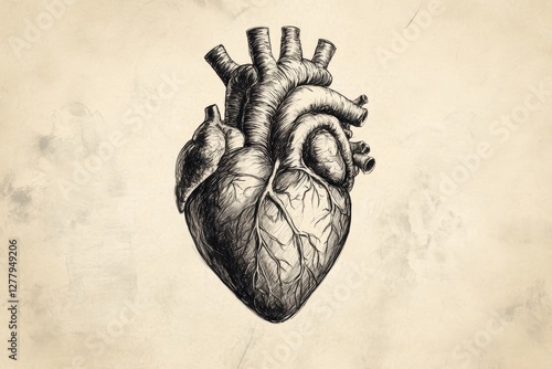 A detailed hand-drawn anatomical sketch of the human heart, with intricate pencil shading and realistic textures, resembling an old medical textbook illustration.