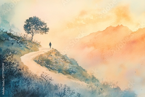 A dreamy watercolor landscape of a lone traveler walking on a winding mountain path, bathed in soft sunrise hues, representing a philosophical journey toward self-discovery.