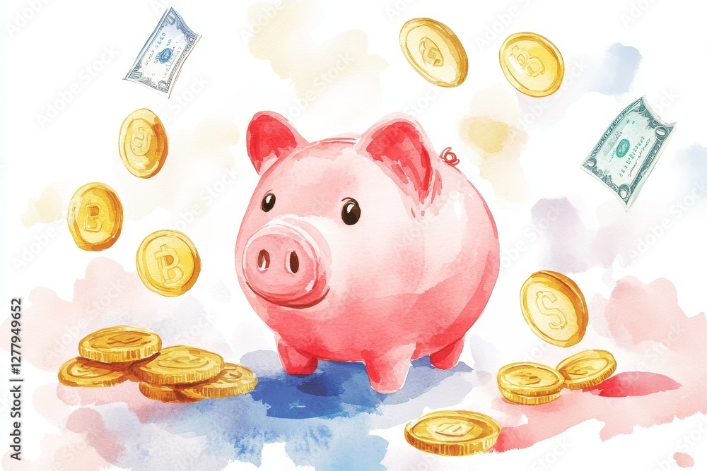custom made wallpaper toronto digitalA minimalist watercolor painting of a piggy bank surrounded by floating coins and banknotes, symbolizing savings and smart financial planning.