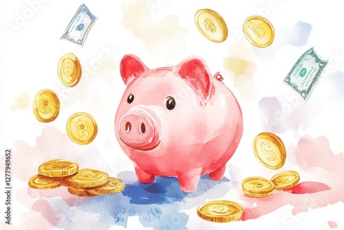 Wallpaper Mural A minimalist watercolor painting of a piggy bank surrounded by floating coins and banknotes, symbolizing savings and smart financial planning. Torontodigital.ca