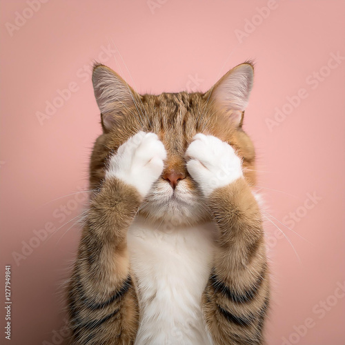 A cat covering its eyes with its paws