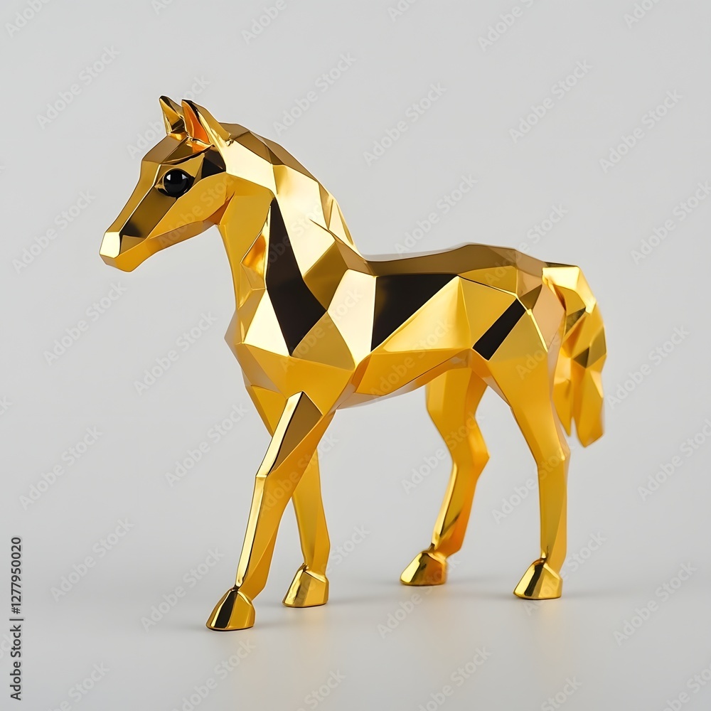 Obraz premium Shiny Metallic Polygonal Horse Sculpture on White Background