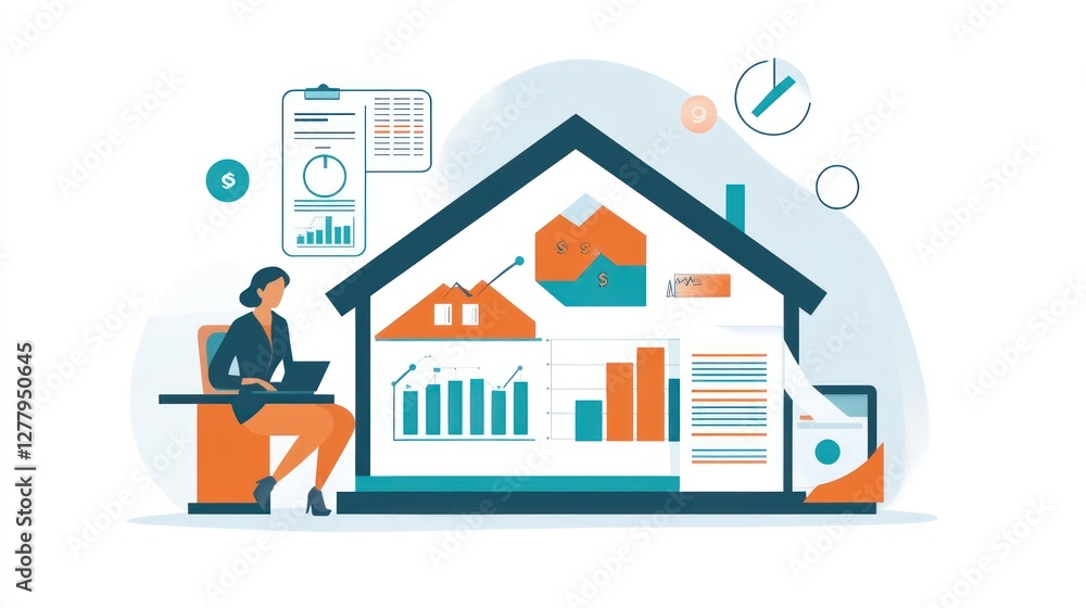 Woman analyzes financial charts and graphs in home office Woman analyzes financial charts and graphs in home office