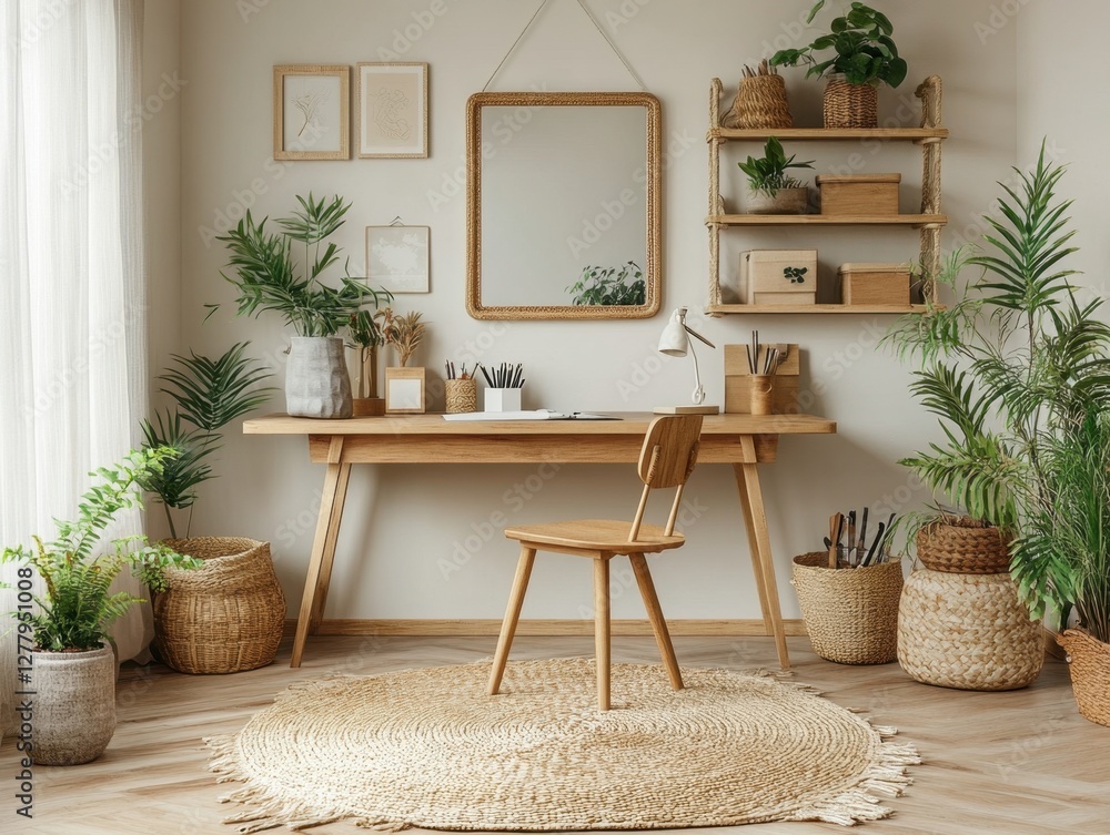 Serene home office interior with natural light wooden desk chair and plants creating a sustainable workspace for focus and creativity