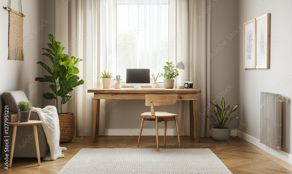 Fototapeta premium Reclaimed Wood Desk in Tranquil Room with Soft Lighting for a Cozy and Productive Workspace