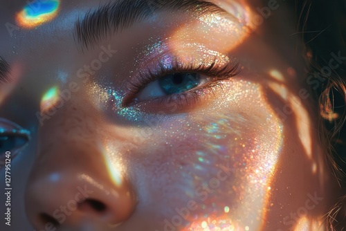 ethereal closeup beauty portrait with iridescent holographic makeup dewey skin catching prismatic light creating an otherworldly glow against dark background photo