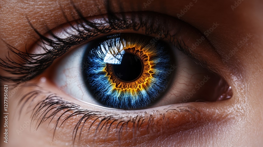 Fototapeta premium Close-up of a stunning human eye with vibrant blue and orange iris, white background.