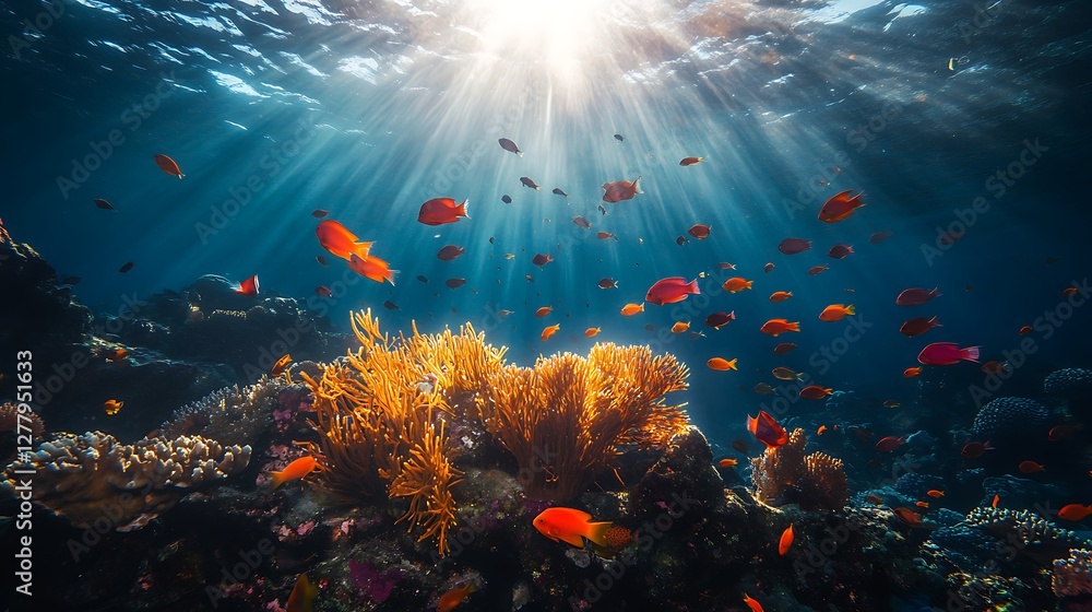 Fototapeta premium Sunlit Underwater Coral Reef Scene With Vibrant Fish