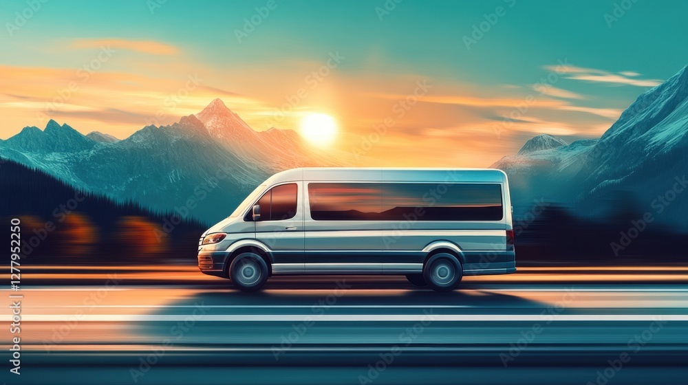 Fototapeta premium Dynamic Passenger Van in Motion Against Majestic Mountain Backdrop