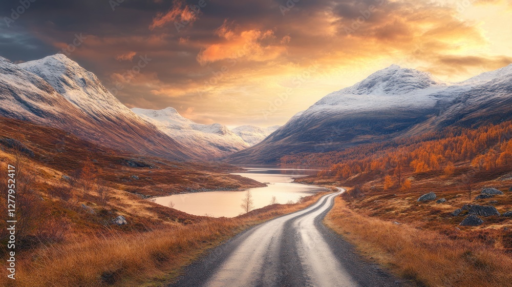 Fototapeta premium Winding road leading through a mountainous landscape at sunset