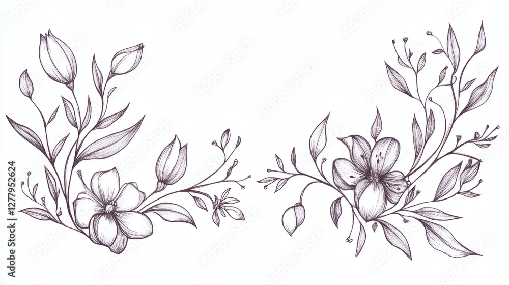 Floral motifs featuring delicate flowers and leaves in intricate line art design for decorative purposes Floral motifs featuring delicate flowers and leaves in intricate line art design for decorative purposes