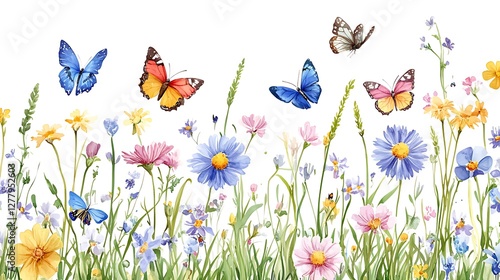 Vibrant Watercolor Meadow: Butterflies and Wildflowers in a Summer Garden