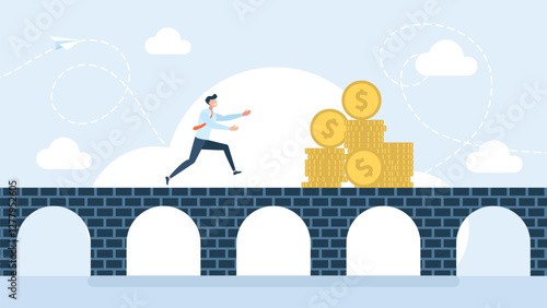 Money bridging economy gap assisting business people to overcome financial difficulties. Bridge to money. Path for business beginner to success and profit. Businessman  over abyss. Vector illustration