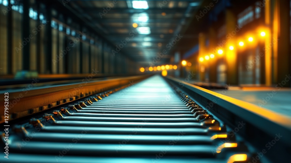 Fototapeta premium Industrial Railway Tracks Leading into a Dimly Lit Warehouse Space