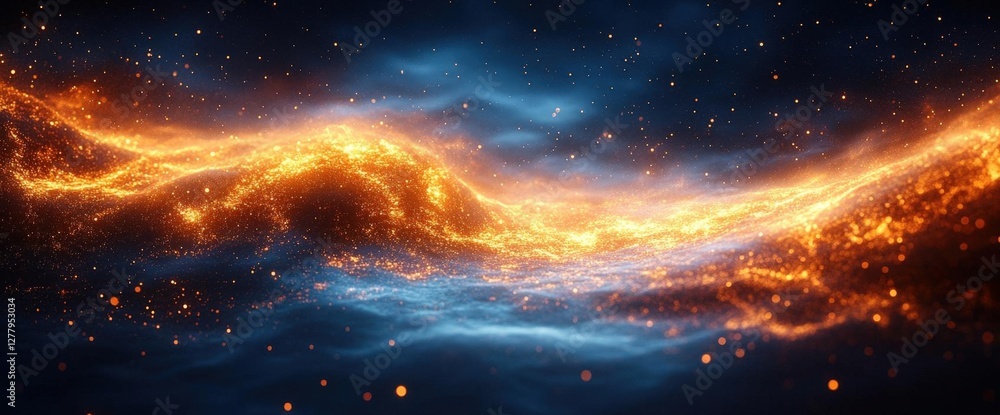 Fototapeta premium Golden Light Streaks and Starry Night in a Dark Blue Nebula Background Creates Cosmic Fantasy