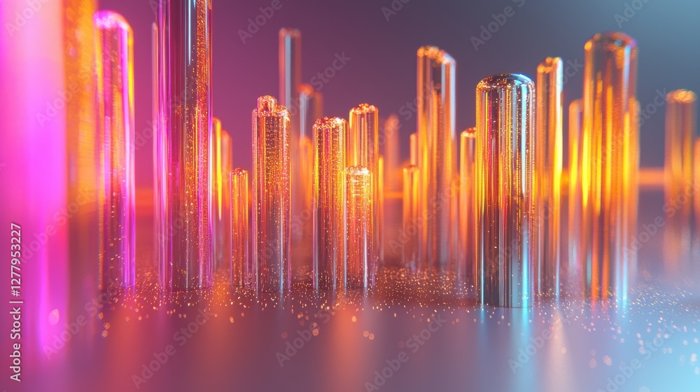 Glowing Futuristic Cityscape with Neon Lit Skyscrapers and Iridescent Reflections Glowing Futuristic Cityscape with Neon Lit Skyscrapers and Iridescent Reflections