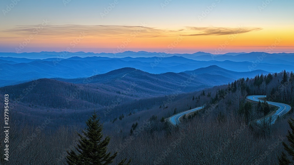 Obraz premium Mountain range with winding road under a colorful twilight sky