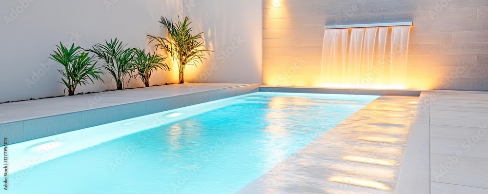 Fototapeta premium Sleek spa pool with integrated waterfall feature, glowing under warm lights
