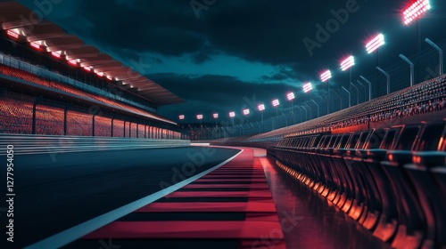 Thrill ride on racing track with empty seats surrounding the track at nighttime. Digital 3D illustration of racing sports.