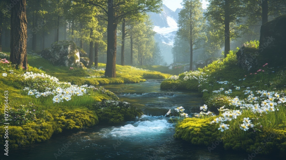 Obraz premium Pristine river concept. A serene forest scene featuring a flowing stream surrounded by lush greenery and blooming flowers, evoking tranquility and natural beauty.