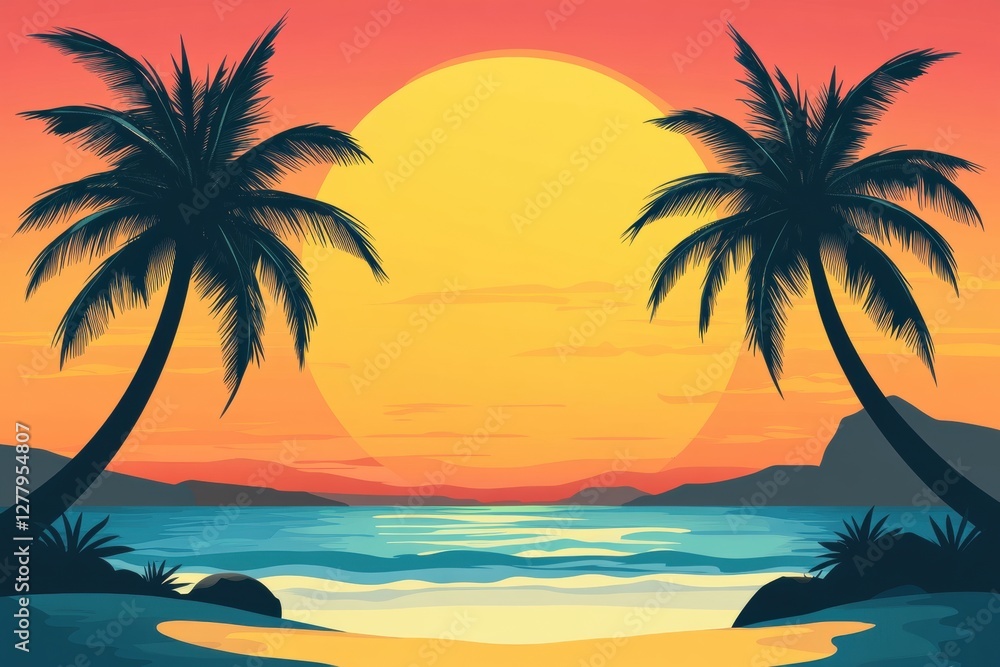 Dramatic Sunset Palms Silhouetted Against a Yellow Sky Over a Tranquil Beach Dramatic Sunset Palms Silhouetted Against a Yellow Sky Over a Tranquil Beach