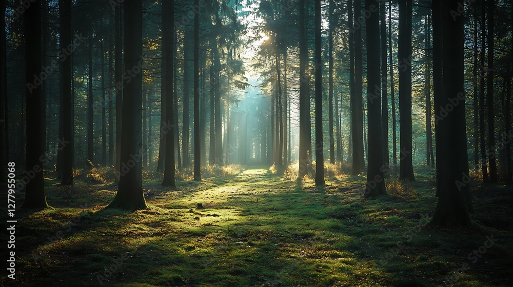 Sunlit Path Through A Misty Forest Of Tall Trees Sunlit Path Through A Misty Forest Of Tall Trees