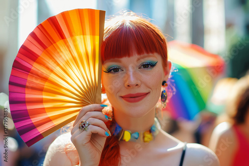 Woman holding rainbow fan at gay pride parade supporting lgbtq plus community 