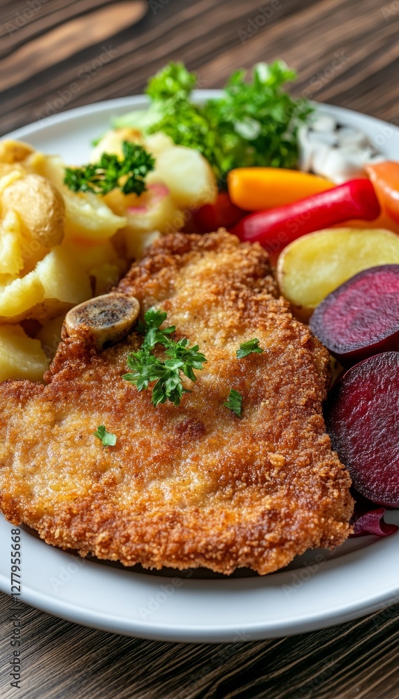 Close up of a savory breaded fried pork chop accompanied by creamy potatoes and fresh vegetables Close up of a savory breaded fried pork chop accompanied by creamy potatoes and fresh vegetables