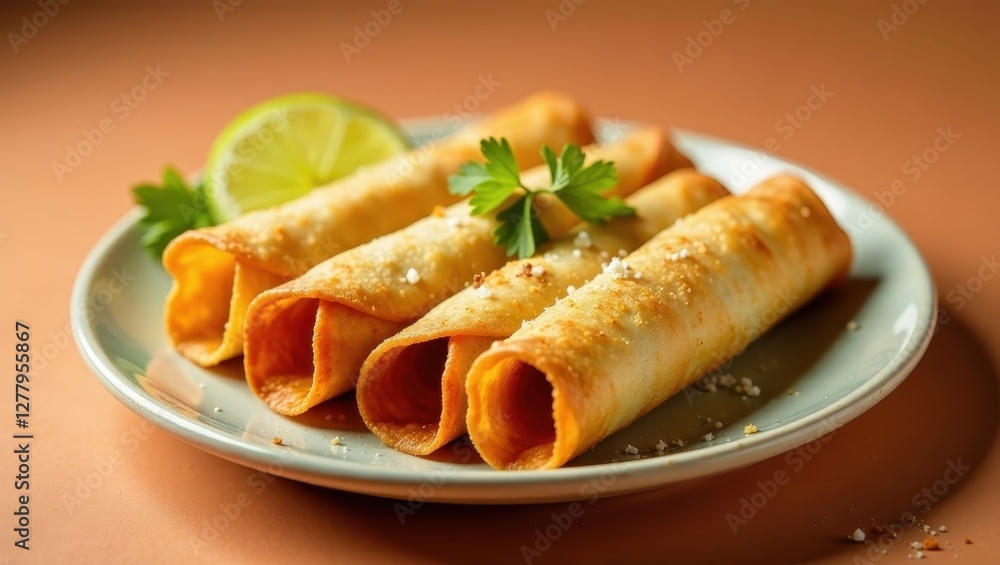Crispy golden-brown rolled appetizers seasoned with a hint of salt, served on a plate with a garnish of fresh herbs and a lime wedge.