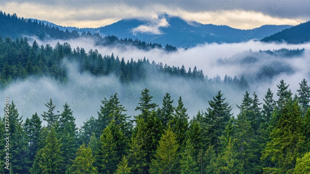 Misty mountain landscape filled with evergreen trees and clouds Misty mountain landscape filled with evergreen trees and clouds