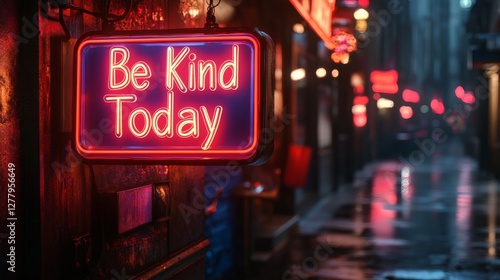 Bright neon sign reminds passersby to be kind today in a rainy urban alleyway during the evening hours