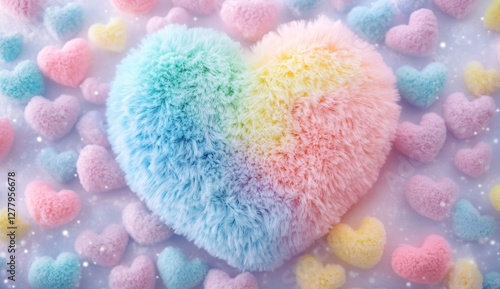Rainbow plush heart amidst pastel hearts; Valentine's Day