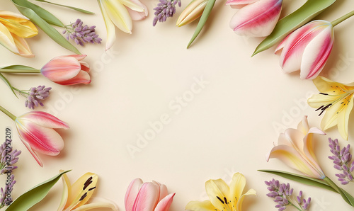 Frame of Pink and Yellow Tulips and Soft Lavender Blooms for a Beautiful Floral Display