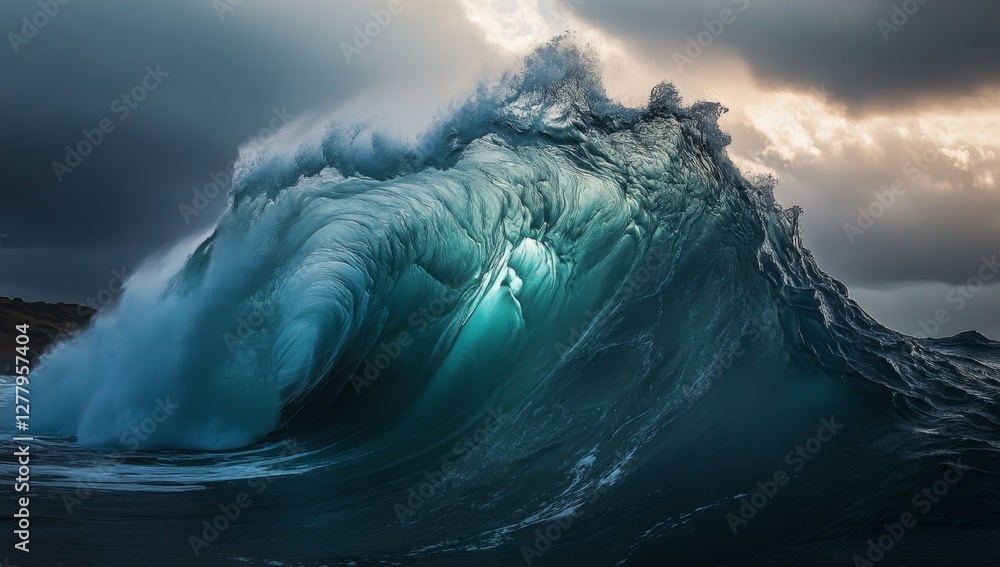 Fototapeta premium Ocean wave breaking, dramatic coastal scene, sunset sky, nature photography