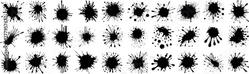 Ink splatter, black ink splash, grunge stain, paint splat, abstract blot, artistic texture, messy drip, isolated spots, spray effect, splattered drop, chaotic brushstroke, vector ink blot