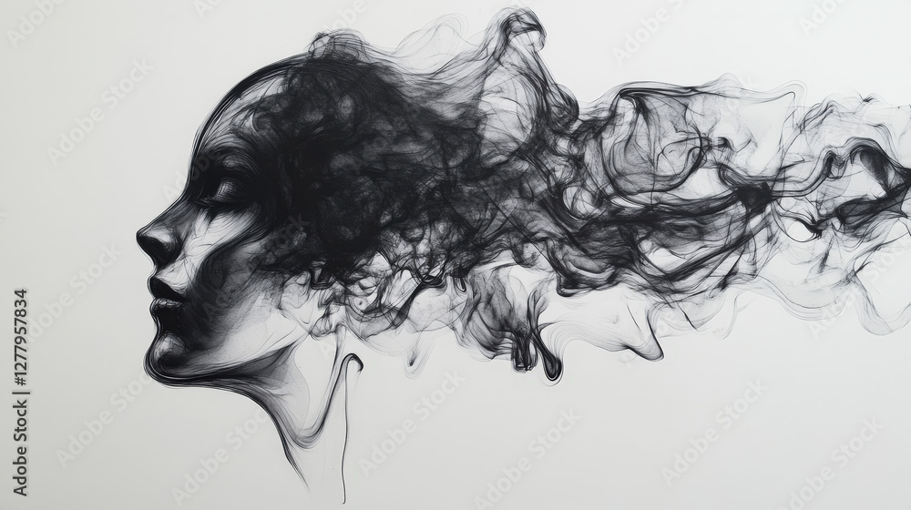 Surreal black and white artwork of a woman’s face dissolving into delicate wisps of smoke
Surreal black and white artwork of a woman’s face dissolving into delicate wisps of smoke
